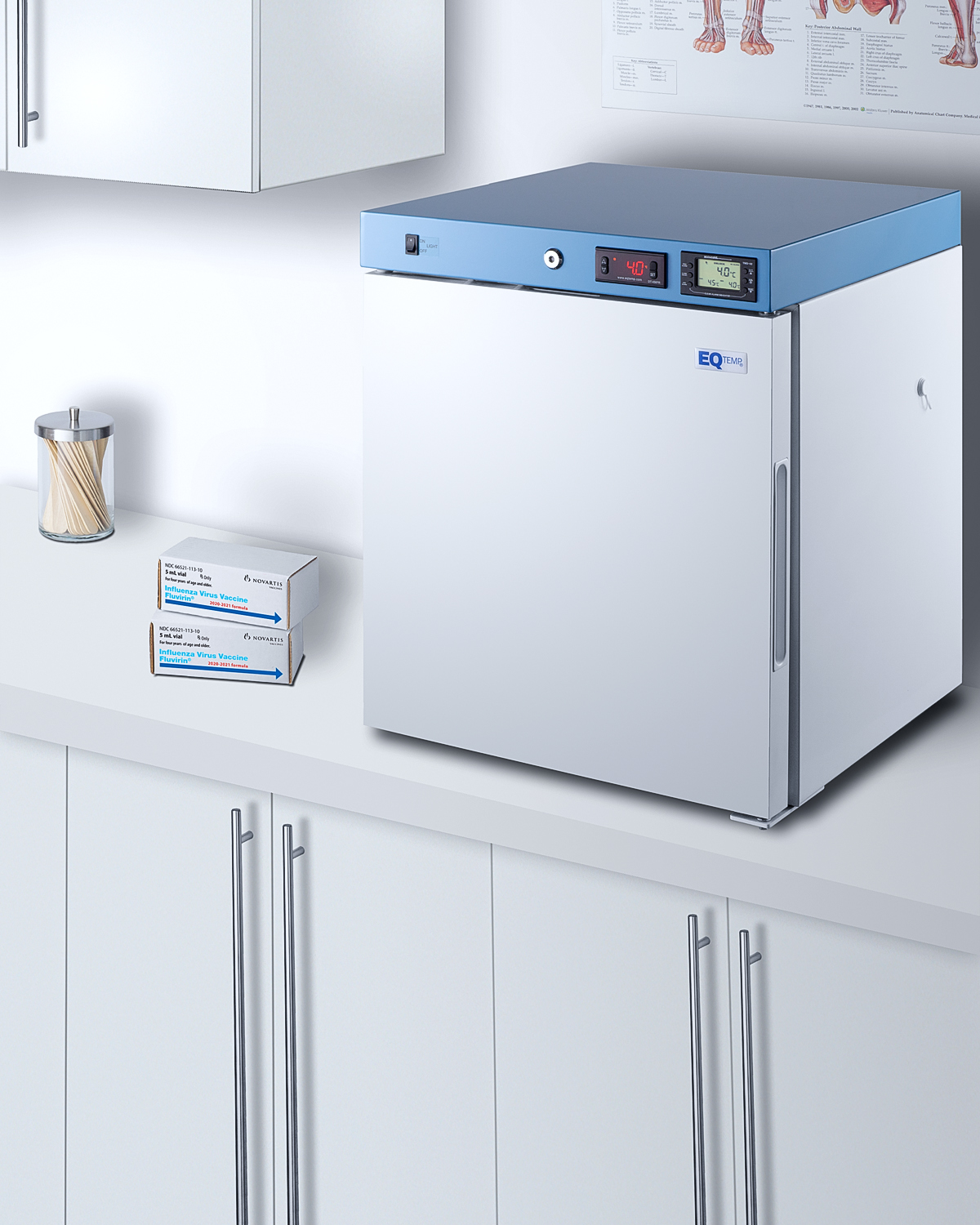 Compact healthcare all-refrigerator with self-closing solid door, front lock, digital controls, and external temperature readout